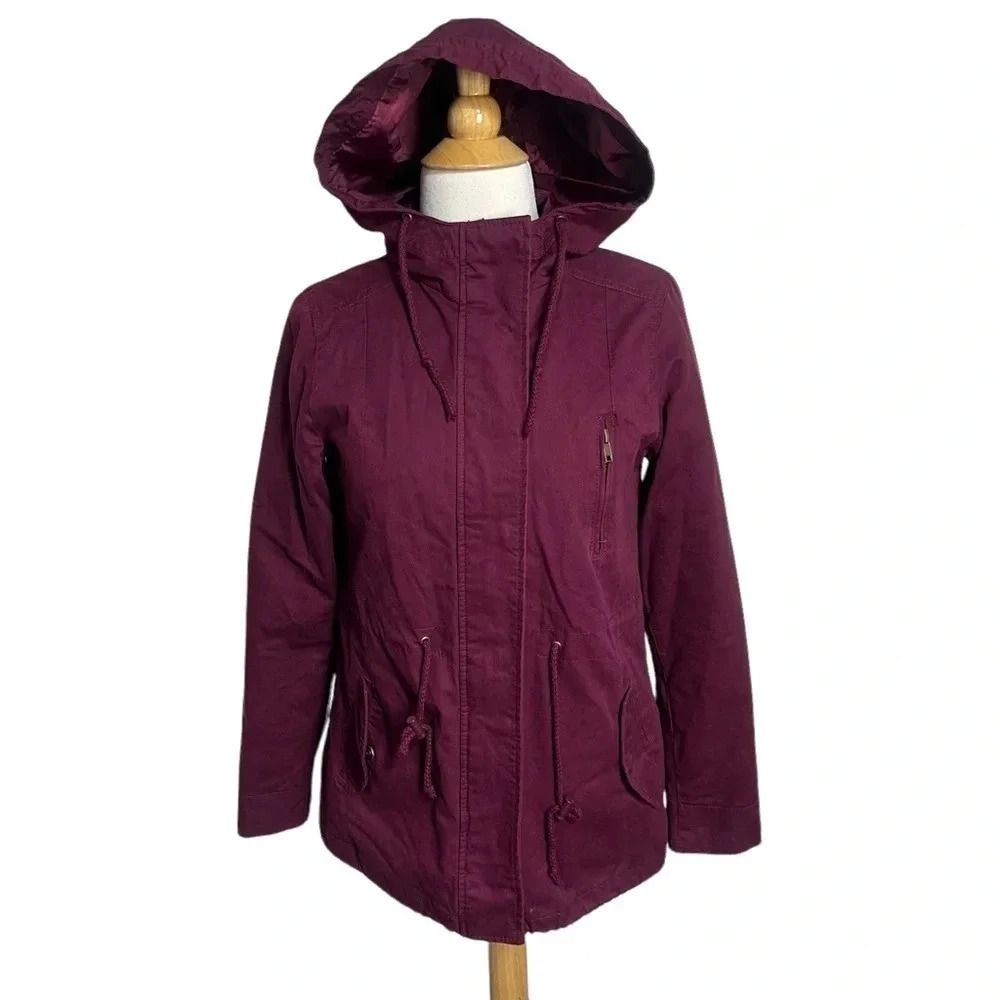 Forever 21 Anorak Jacket Small Burgundy Hooded Utility Cotton Full Zip Fishtail‎